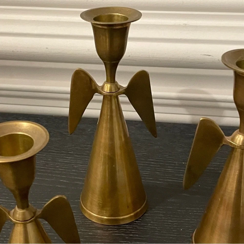 Set Of 3 Mid Century Brass Angel Wing Candle Holder Christmas MCM Taper
